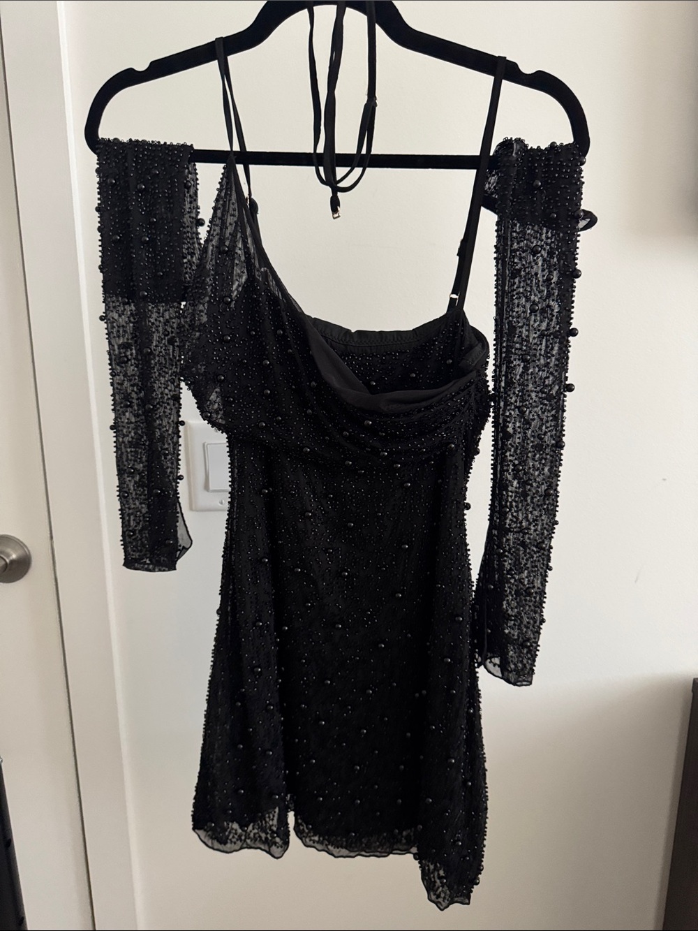 Oh Polly Black Beaded One-Shoulder Mini Dress with sleeves - Picture 3 of 4